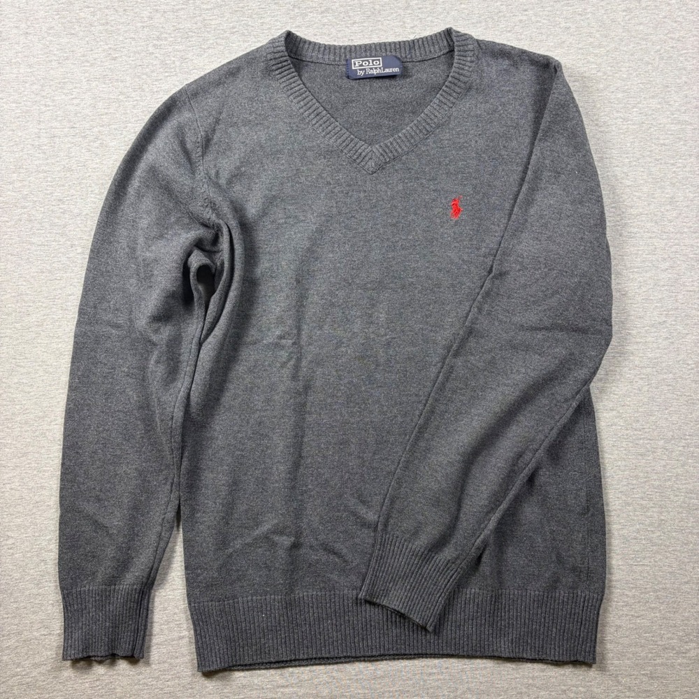 Polo Ralph Lauren Sweater Mens S Gray V-Neck Cotton Knit Red Pony Logo Classic